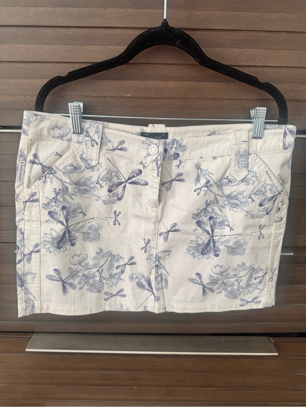 NWT Armani Jeans Dragonfly Floral Print Mini Skirt White Blue Sz EU 44/US 8